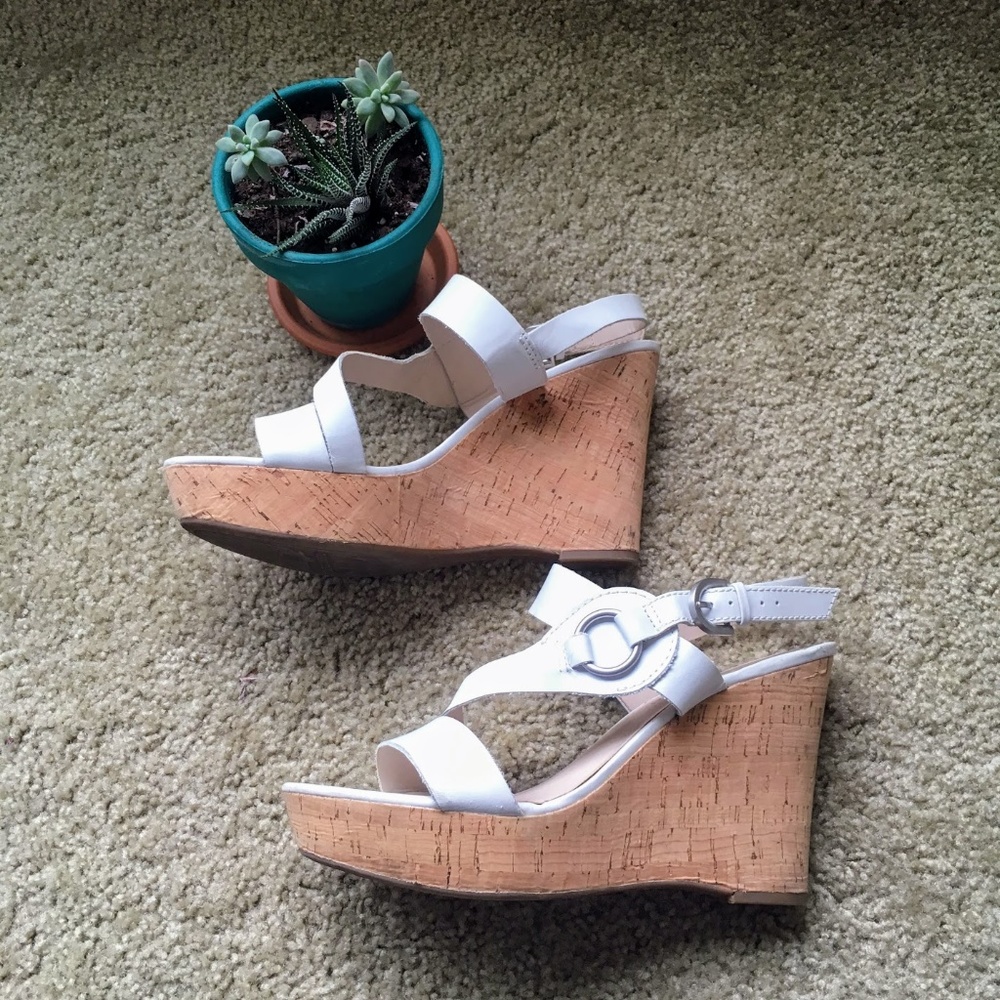 Franco Sarto White Strappy Cork Wedge Sandals